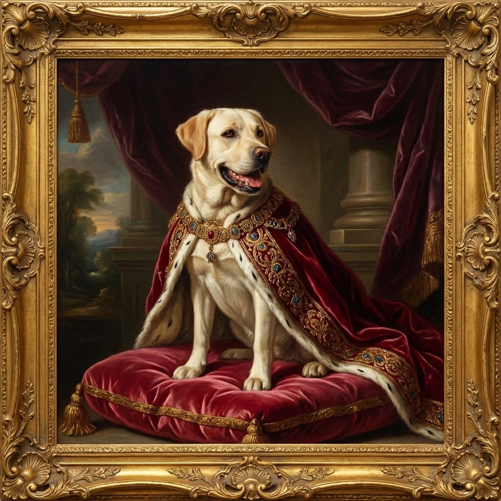 Example royal pet portrait showing a Labrador in regal attire with ornate gold frame